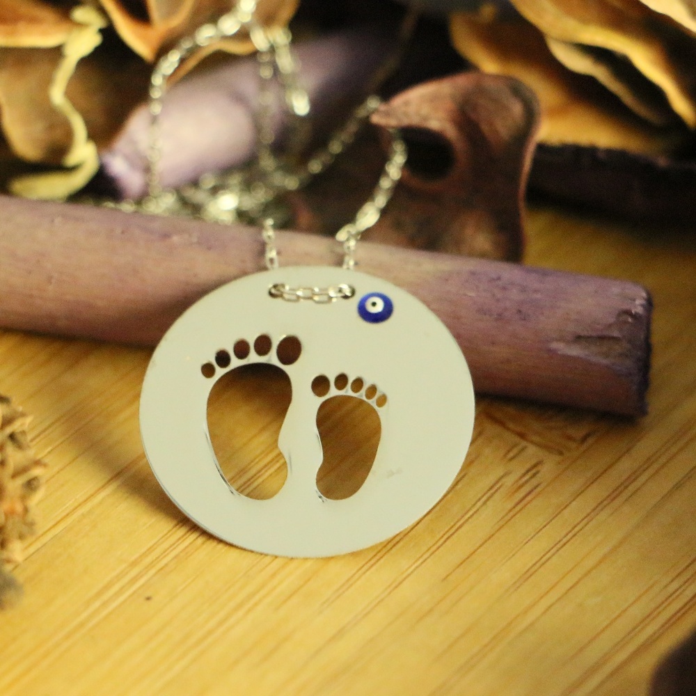 925 Sterling Silver baby feet & Evil  Necklace - Picture 5 of 7